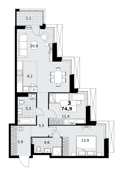 Планировка 3-комнатная квартира в ЖК "Дзен-кварталы"
