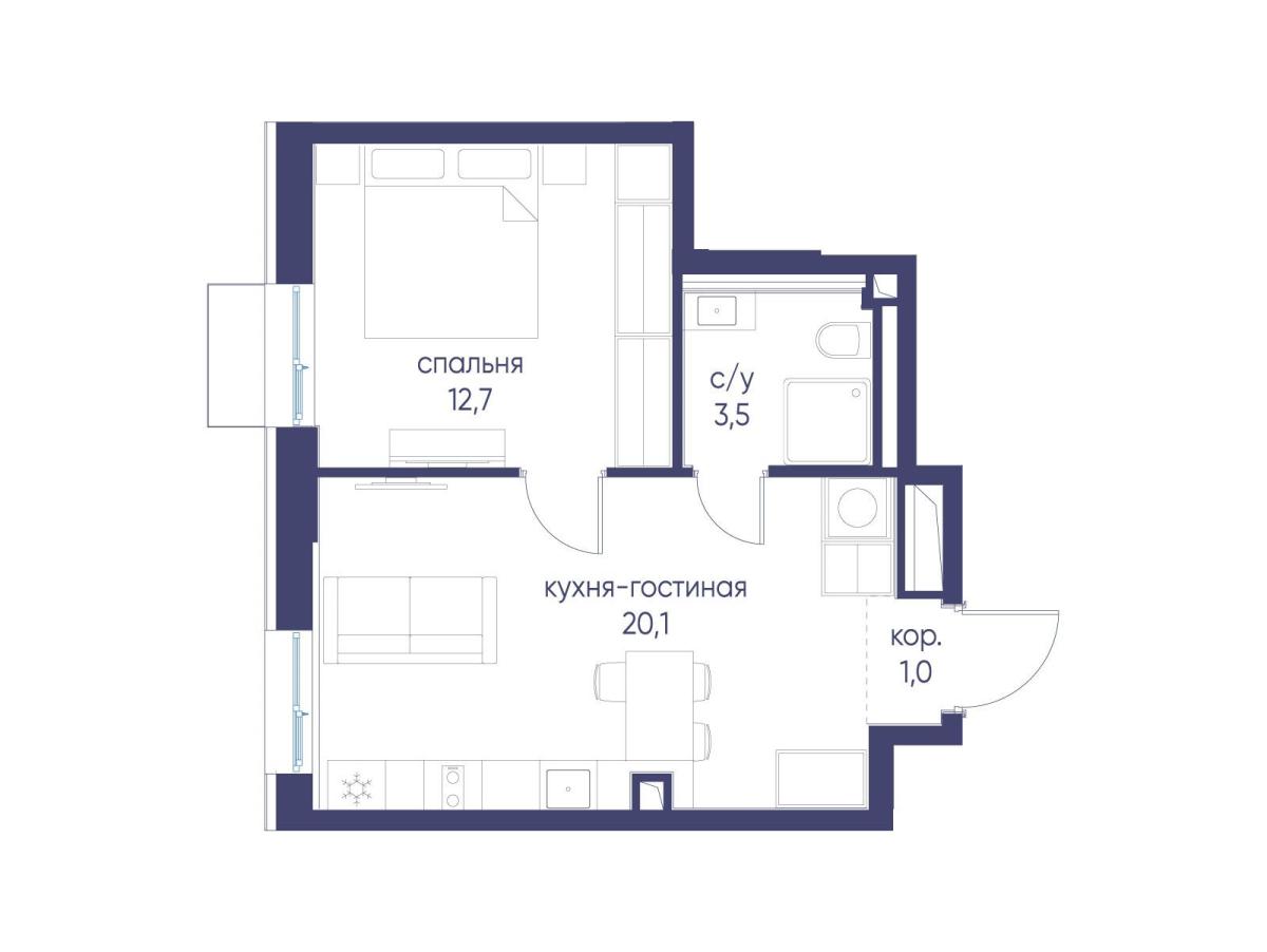 Планировка 1-комнатная квартира в ЖК "Символ"