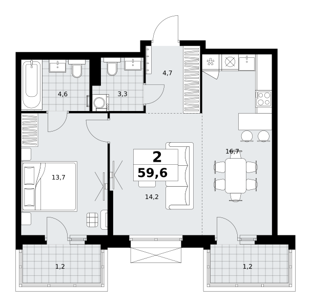 Планировка 2-комнатная квартира в ЖК "Дзен-кварталы"
