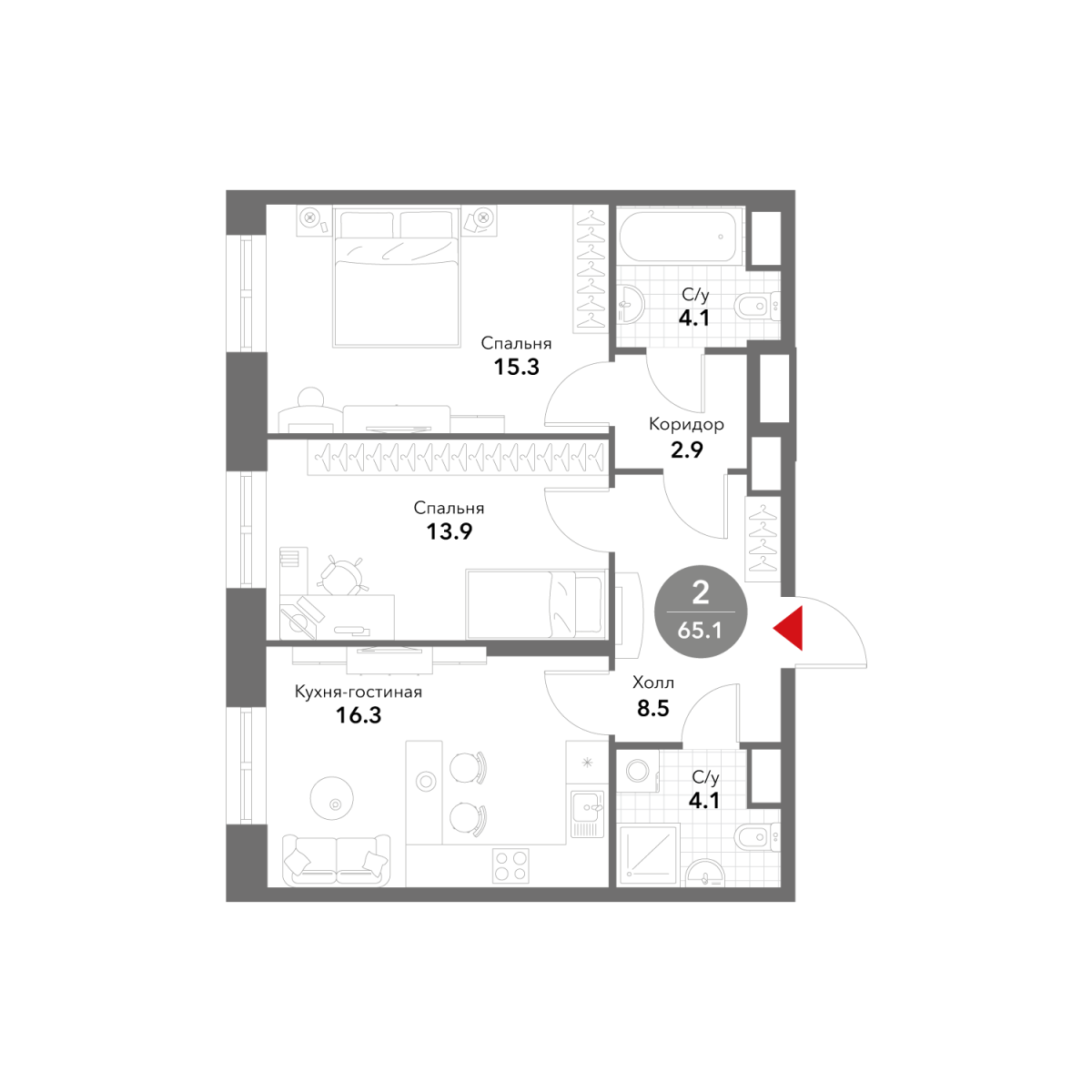 Планировка 2-комнатная квартира в ЖК Voxhall (Воксхолл)