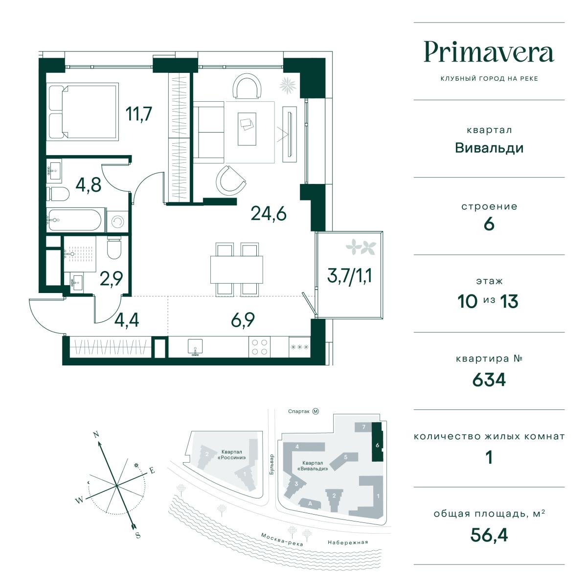 Планировка 1-комнатная квартира в Клубный город на реке Primavera (Примавера)