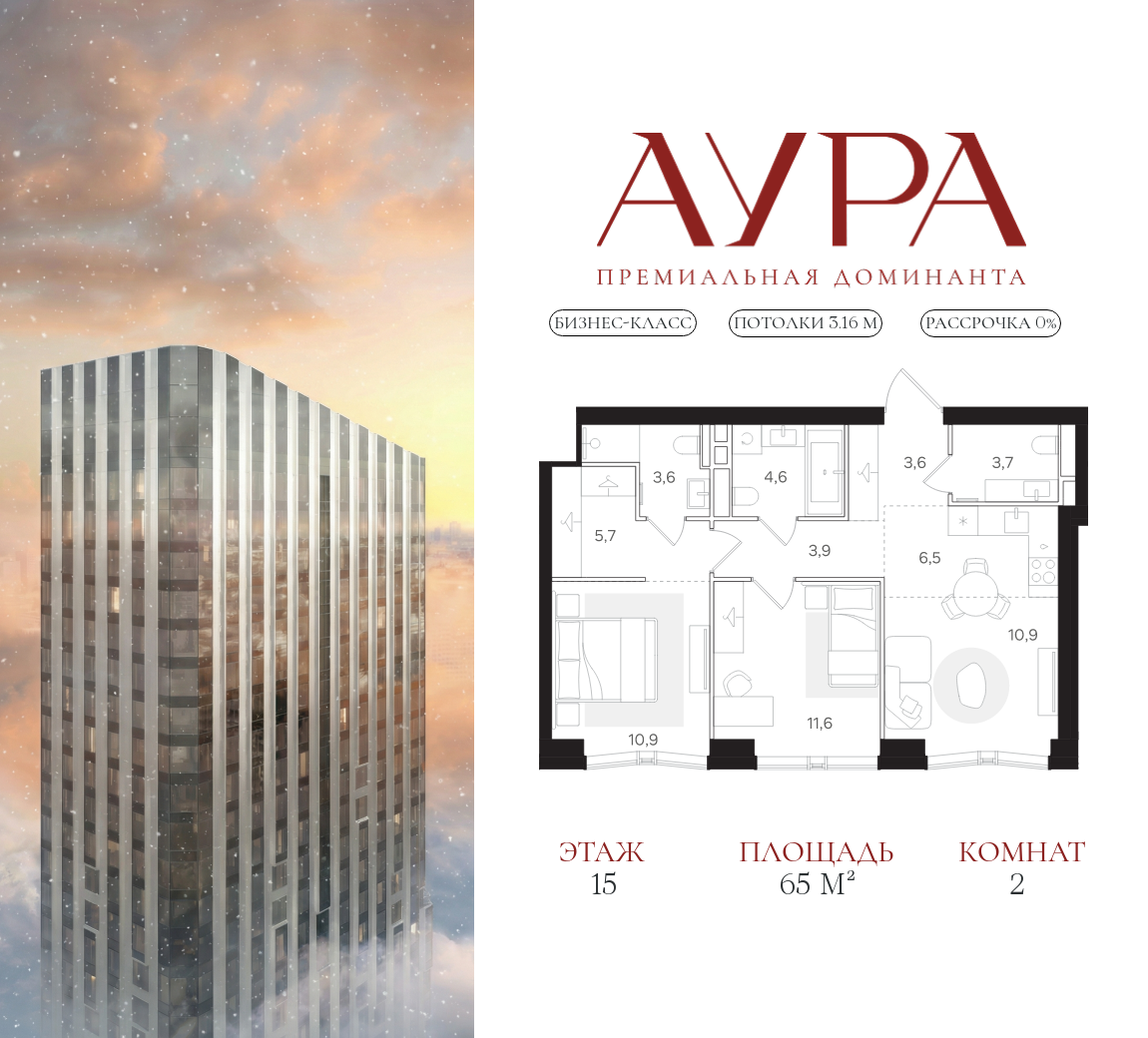 Планировка 2-комнатная квартира в ЖК "АУРА" (Мангазея на Тульской)