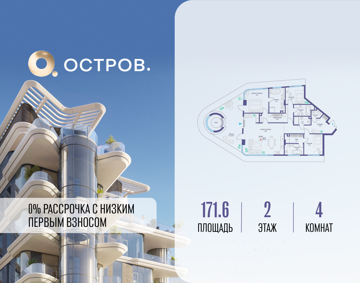 Планировка 4-комнатная квартира в ЖК "Остров"
