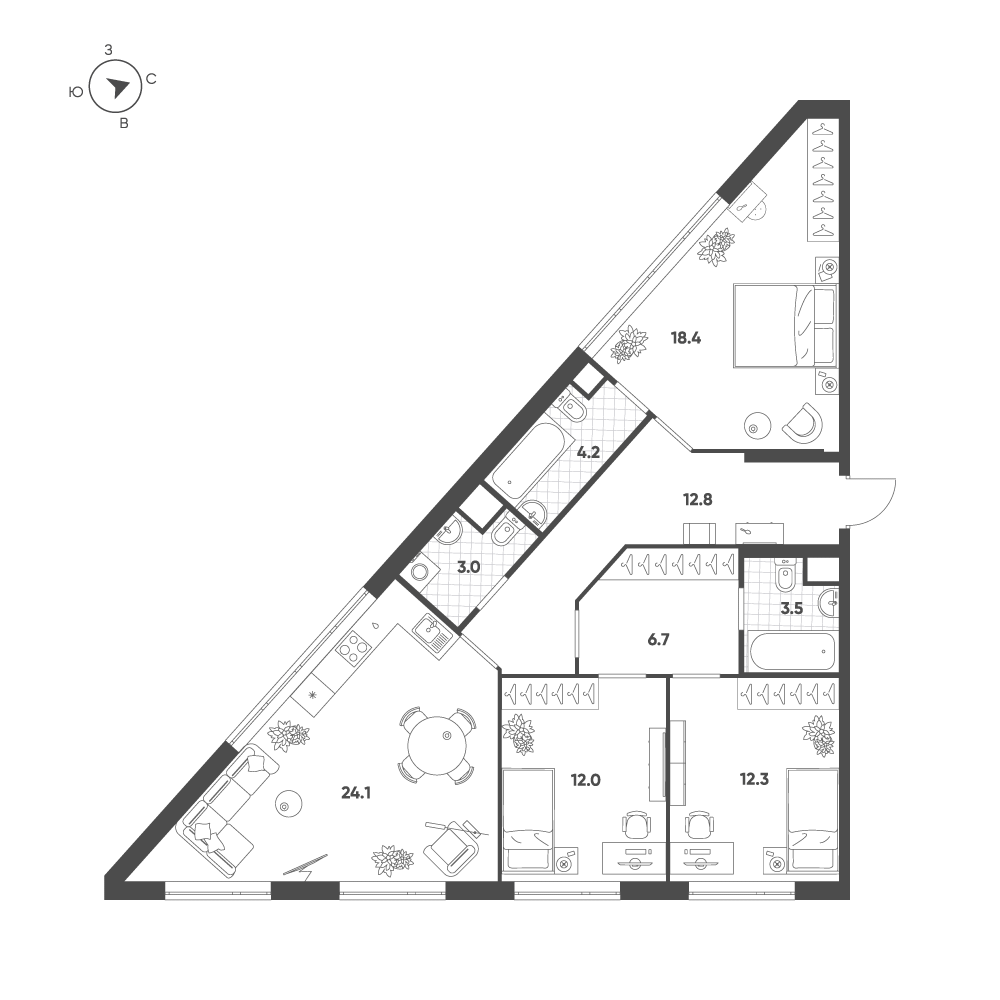 Планировка 3-комнатная квартира в ЖК Voxhall (Воксхолл)