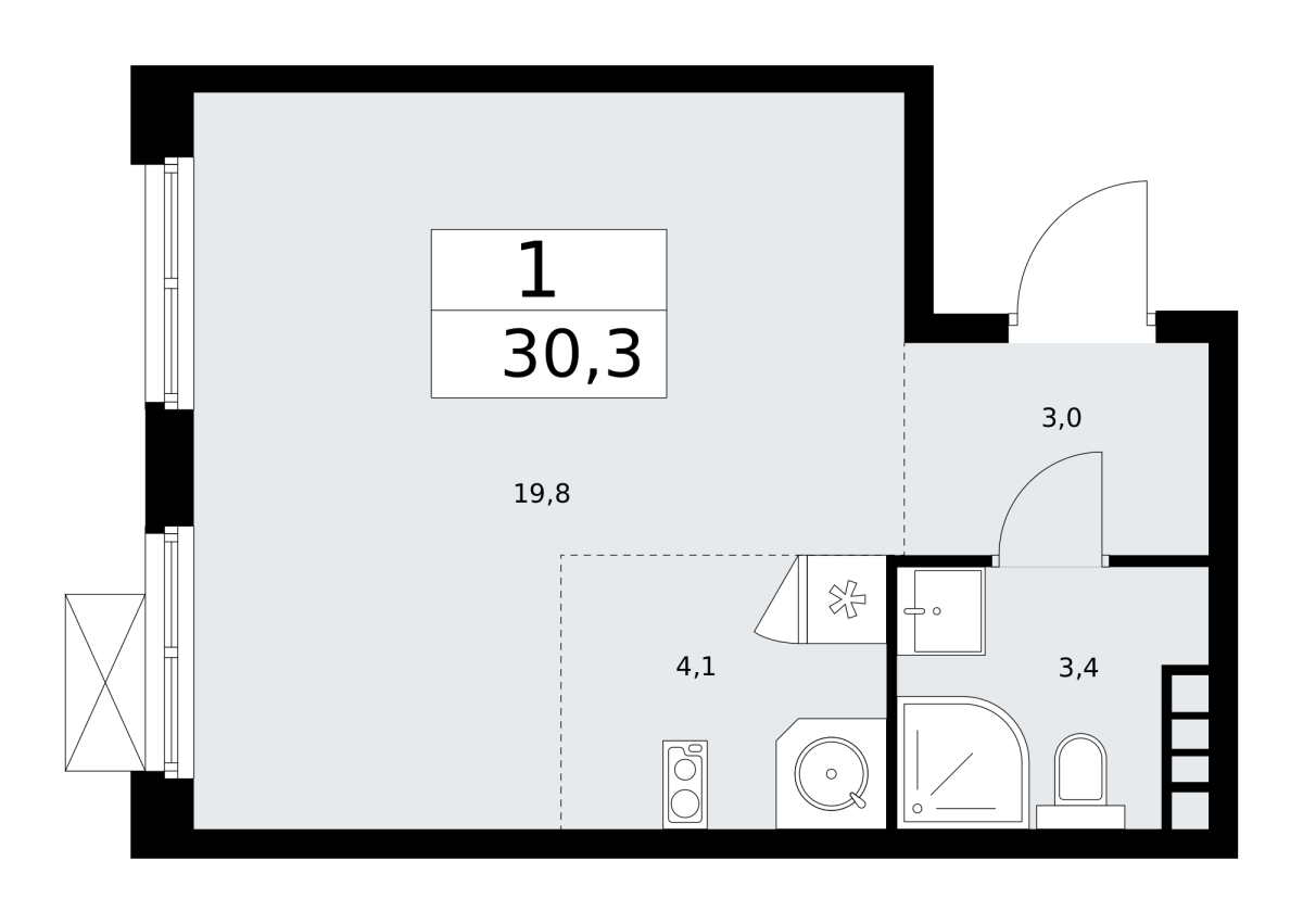 Планировка 1-комнатная квартира в ЖК "Бунинские Кварталы"