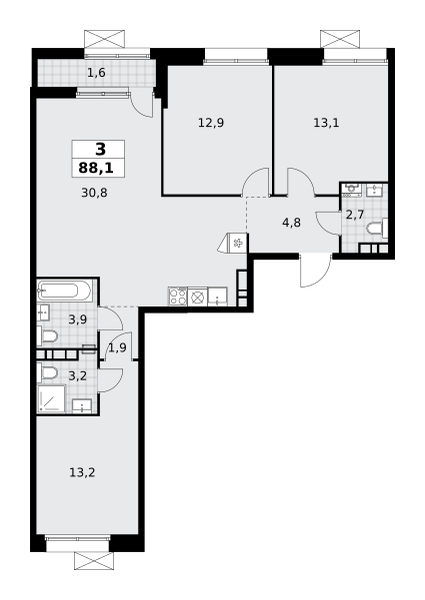 Планировка 3-комнатная квартира в ЖК "Бунинские Кварталы"