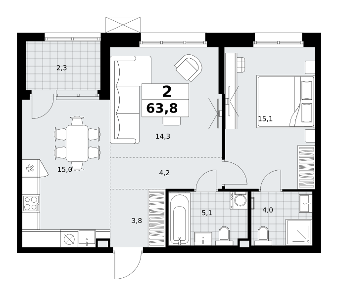 Планировка 2-комнатная квартира в ЖК "Дзен-кварталы"