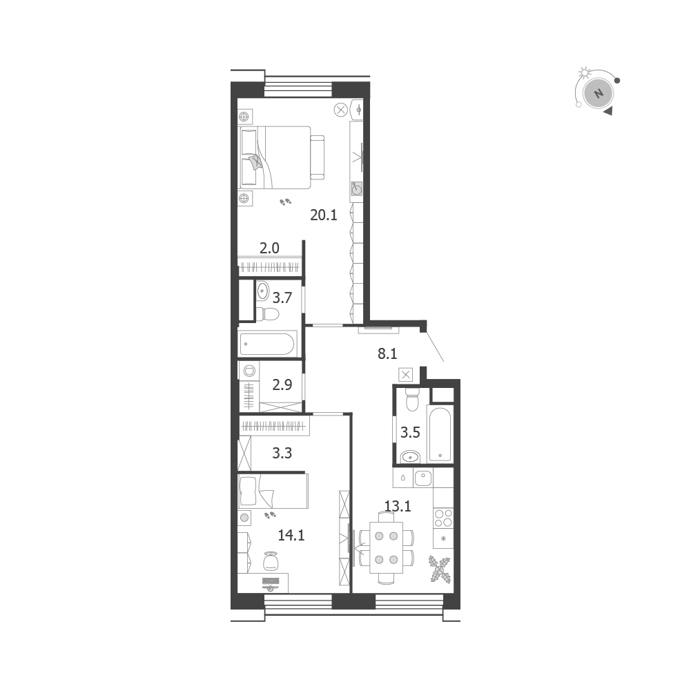 Планировка 2-комнатная квартира в ЖК Voxhall (Воксхолл)