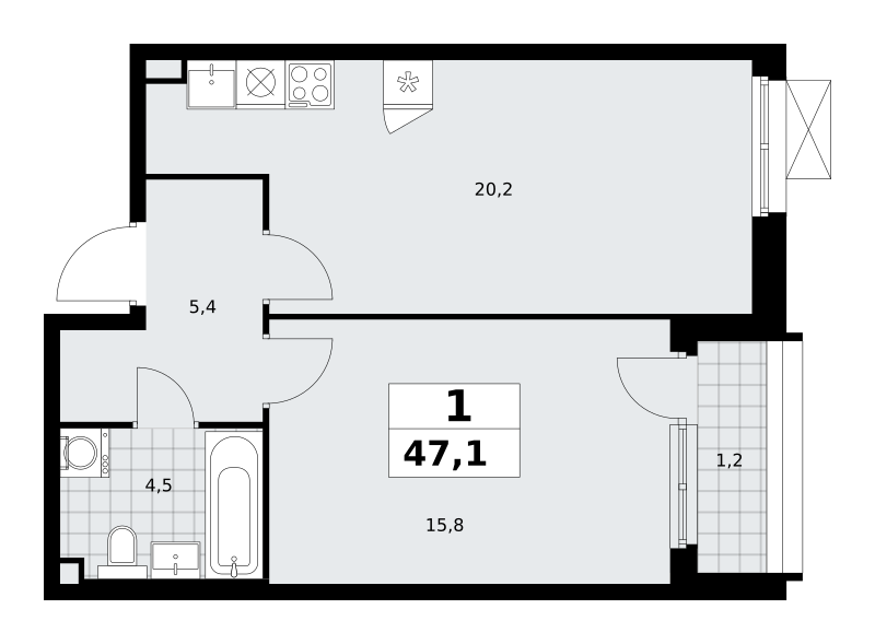 Планировка 1-комнатная квартира в ЖК "Прокшино"