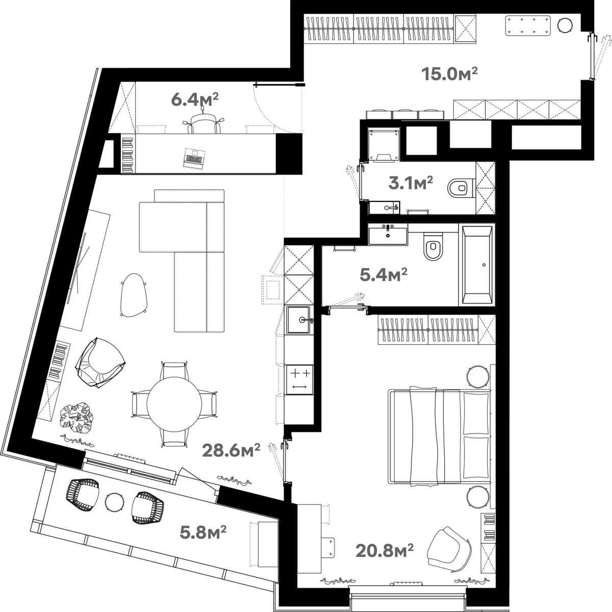Планировка 2-комнатная квартира в ЖК River Нouse Щёлково