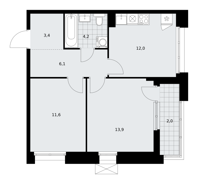 Планировка 2-комнатная квартира в ЖК "Прокшино"