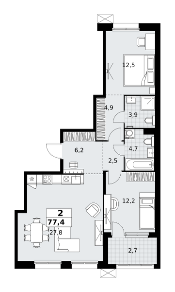 Планировка 2-комнатная квартира в ЖК "Дзен-кварталы"