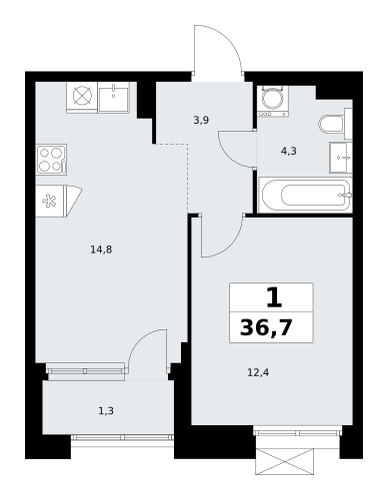 Планировка 1-комнатная квартира в ЖК "Прокшино"