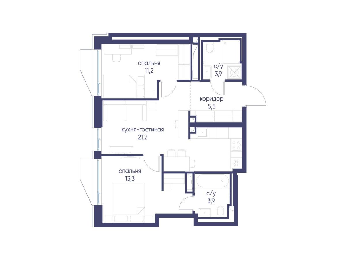 Планировка 2-комнатная квартира в ЖК "Символ"