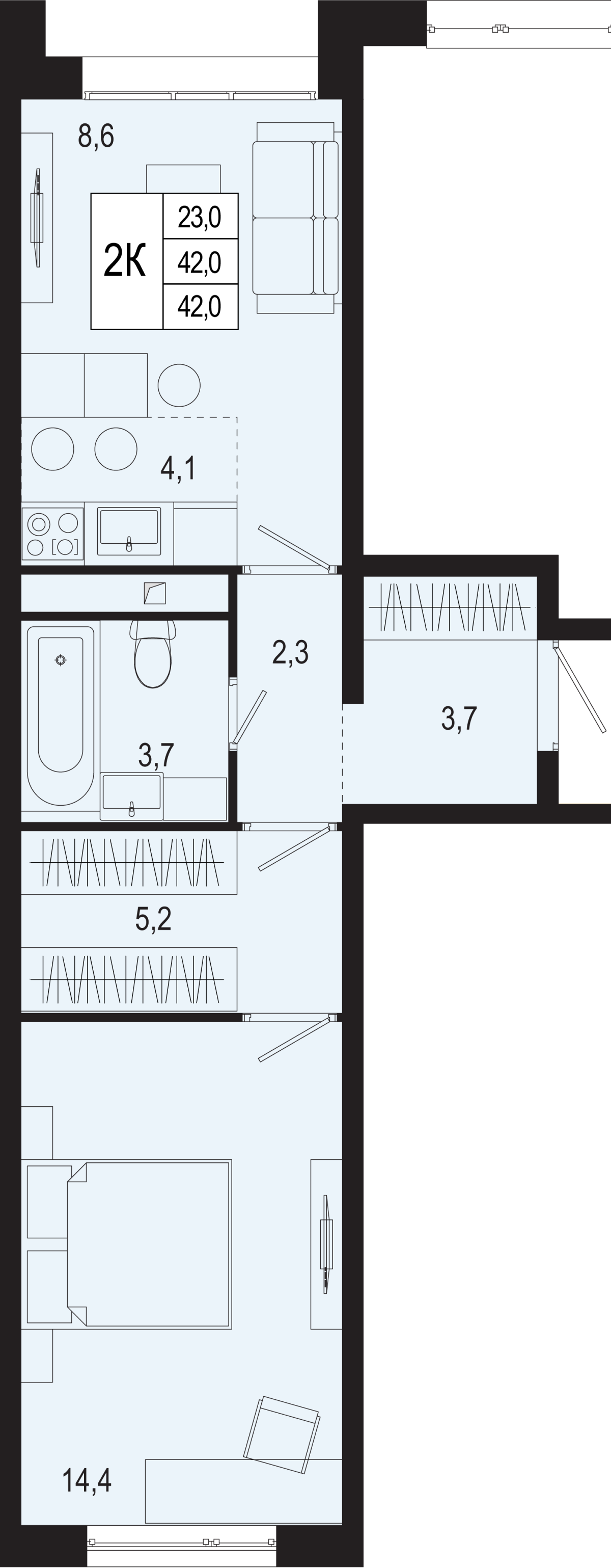 Планировка 2-комнатная квартира в ЖК "Новая Щербинка"