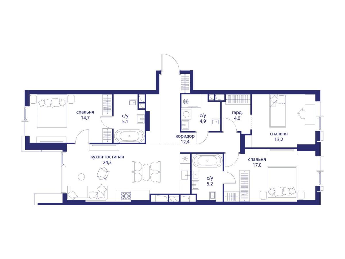 Планировка 3-комнатная квартира в ЖК "Событие"