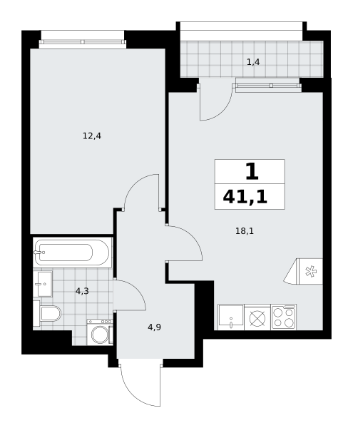 Планировка 1-комнатная квартира в ЖК "Прокшино"