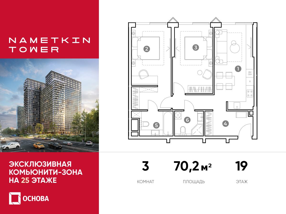 Планировка 3-комнатная квартира в ЖК Nametkin Tower (Наметкин Тауэр)
