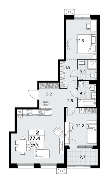 Планировка 2-комнатная квартира в ЖК "Дзен-кварталы"