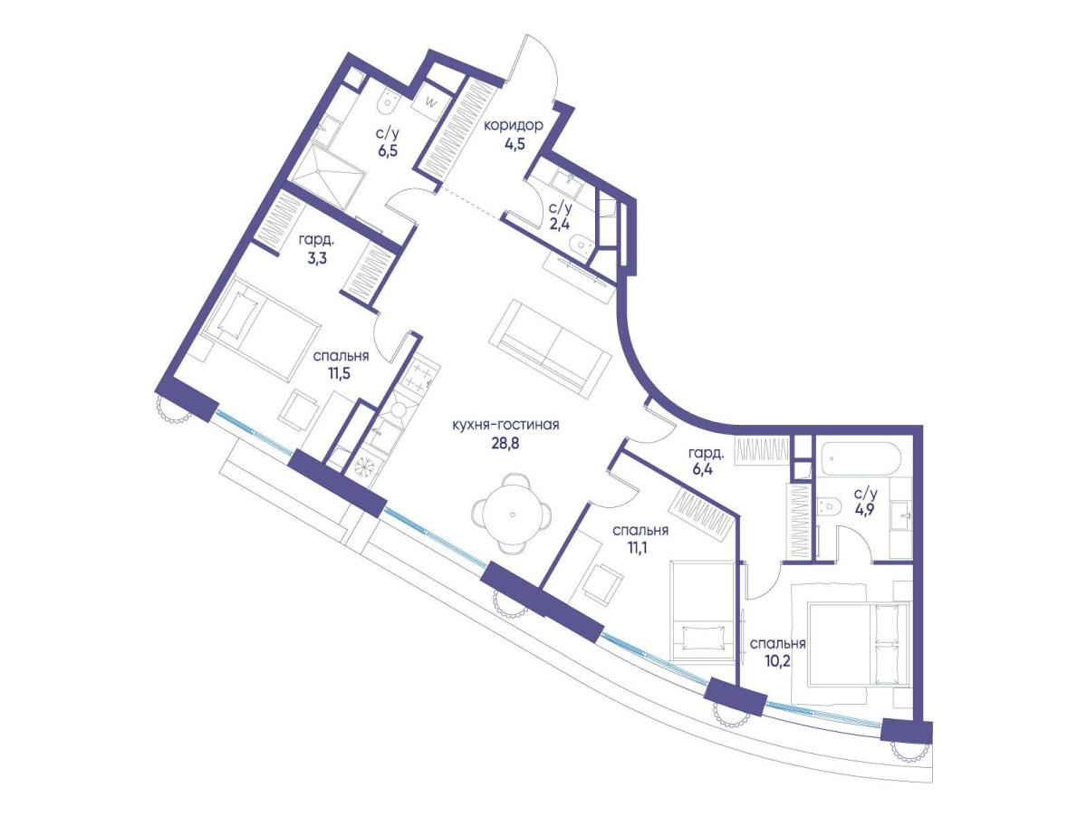 Планировка 3-комнатная квартира в ЖК "Остров"