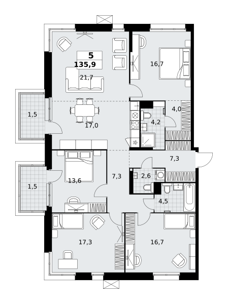 Планировка 5-комнатная квартира в ЖК "Дзен-кварталы"