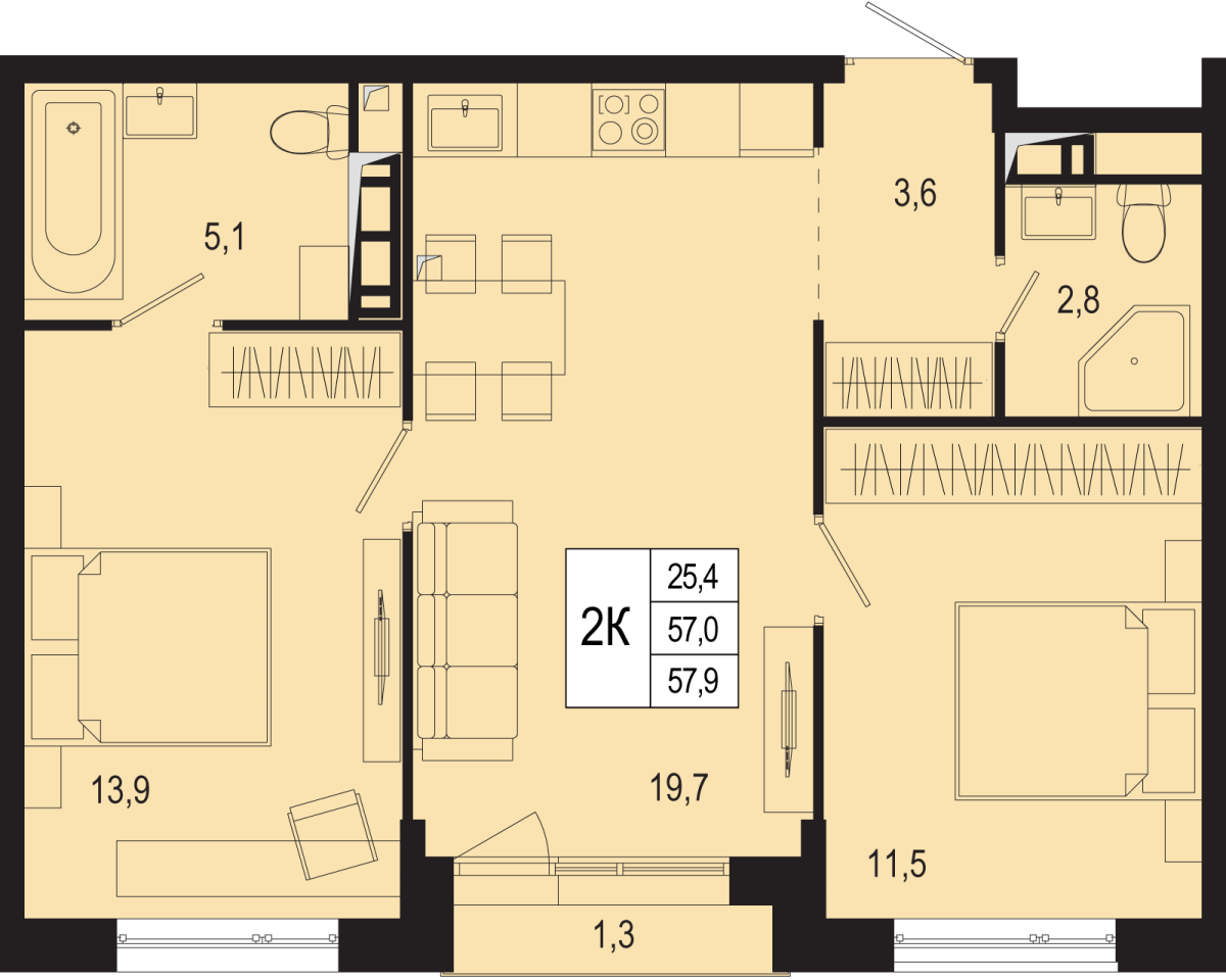 Планировка 2-комнатная квартира в ЖК "Новая Щербинка"