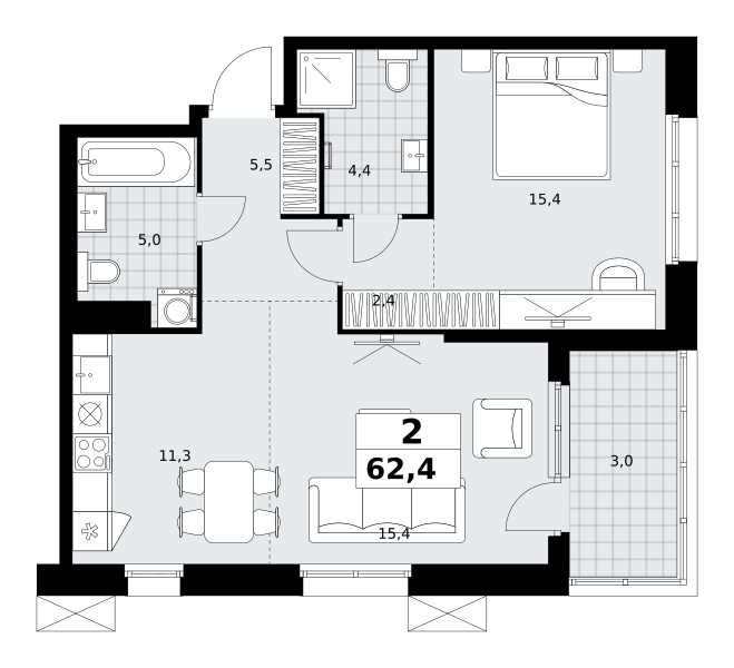 Планировка 2-комнатная квартира в ЖК "Дзен-кварталы"