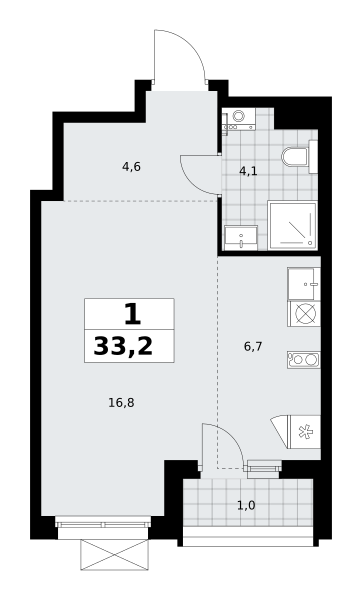 Планировка 1-комнатная квартира в ЖК "Прокшино"