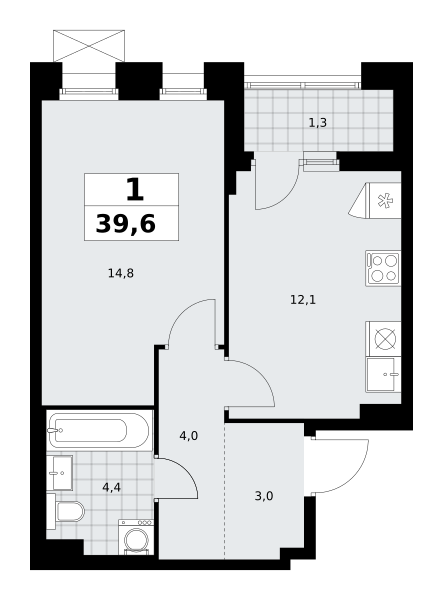 Планировка 1-комнатная квартира в ЖК "Прокшино"