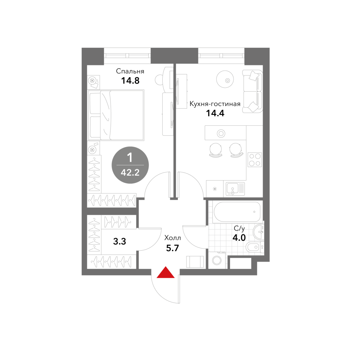 Планировка 1-комнатная квартира в ЖК Voxhall (Воксхолл)