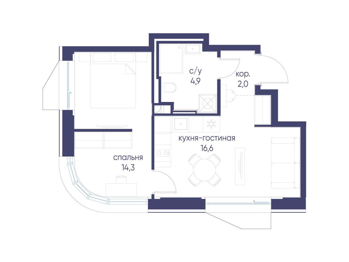 Планировка 1-комнатная квартира в ЖК "Символ"