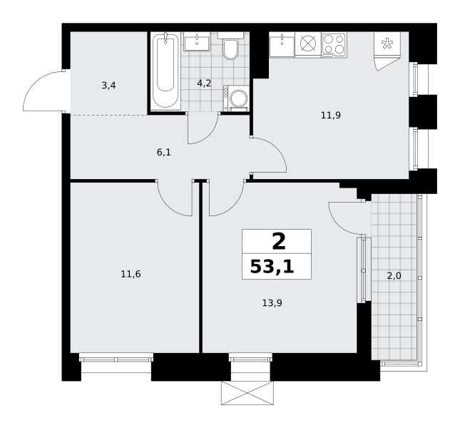 Планировка 2-комнатная квартира в ЖК "Прокшино"
