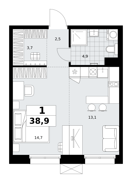 Планировка 1-комнатная квартира в ЖК "Дзен-кварталы"