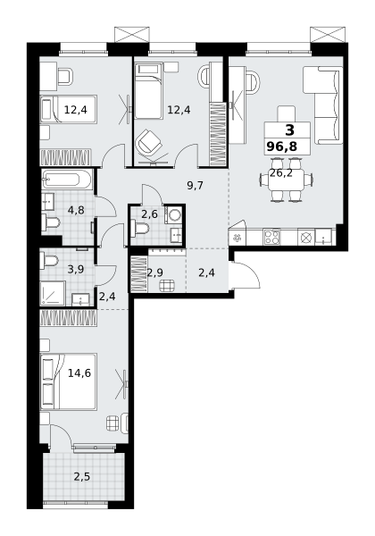 Планировка 3-комнатная квартира в ЖК "Дзен-кварталы"