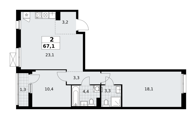 Планировка 2-комнатная квартира в ЖК "Прокшино"