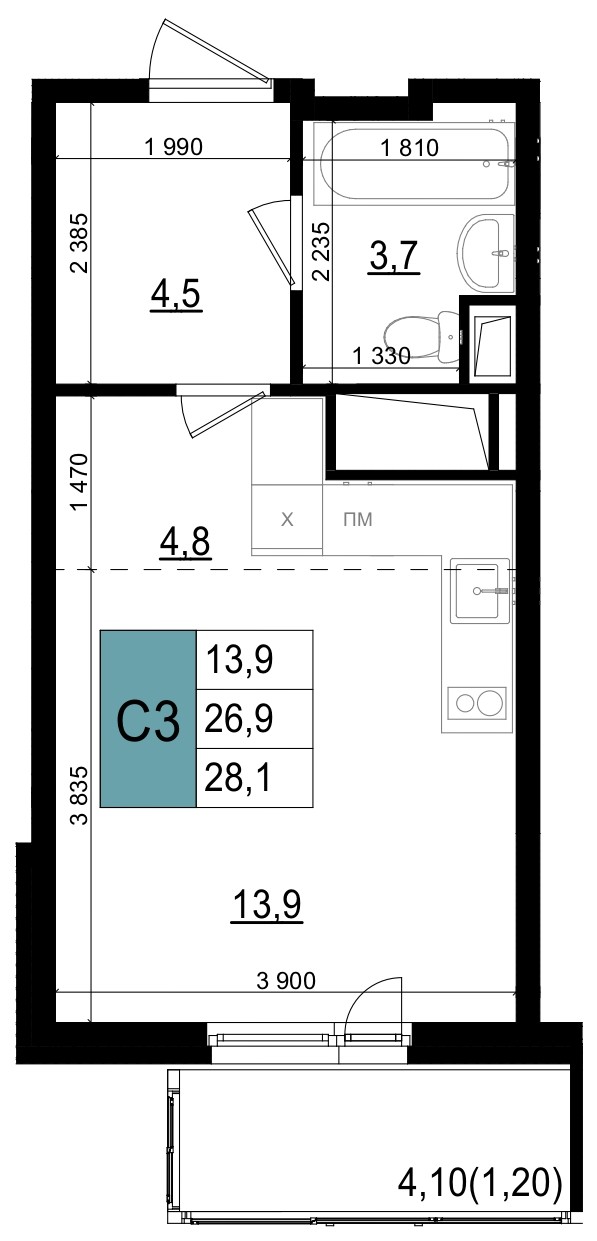 Планировка Студийная планировка в ЖК "Одинцово Сити"