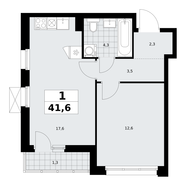 Планировка 1-комнатная квартира в ЖК "Прокшино"