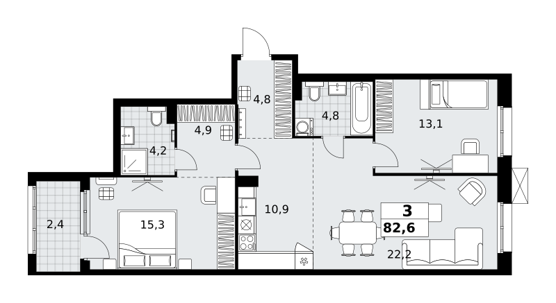 Планировка 3-комнатная квартира в ЖК "Дзен-кварталы"