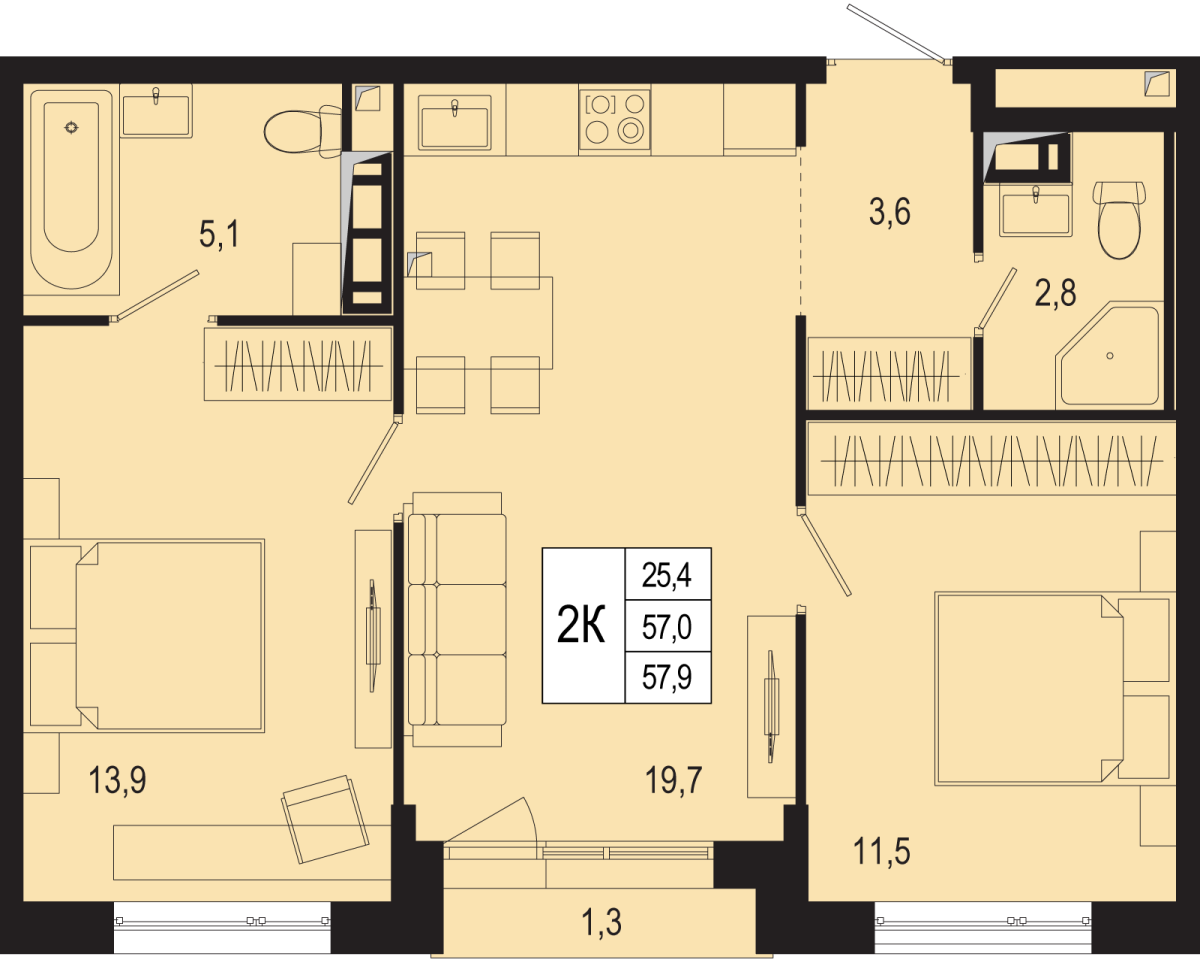 Планировка 2-комнатная квартира в ЖК "Новая Щербинка"