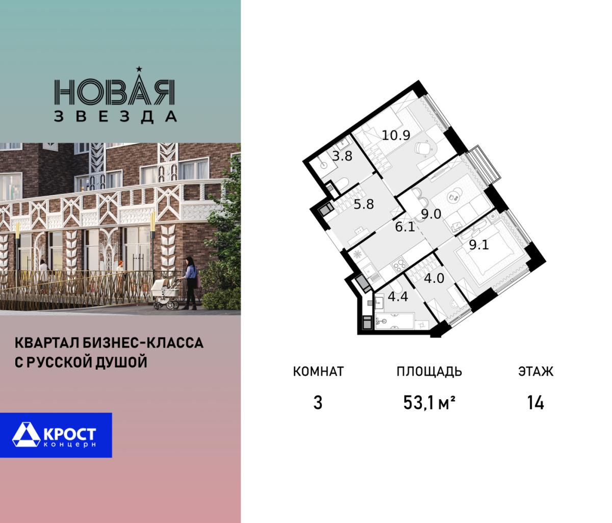 Планировка 3-комнатная квартира в ЖК "Новая Звезда" (Сосенское)