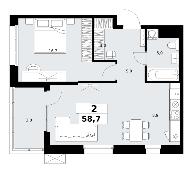 Планировка 2-комнатная квартира в ЖК "Дзен-кварталы"