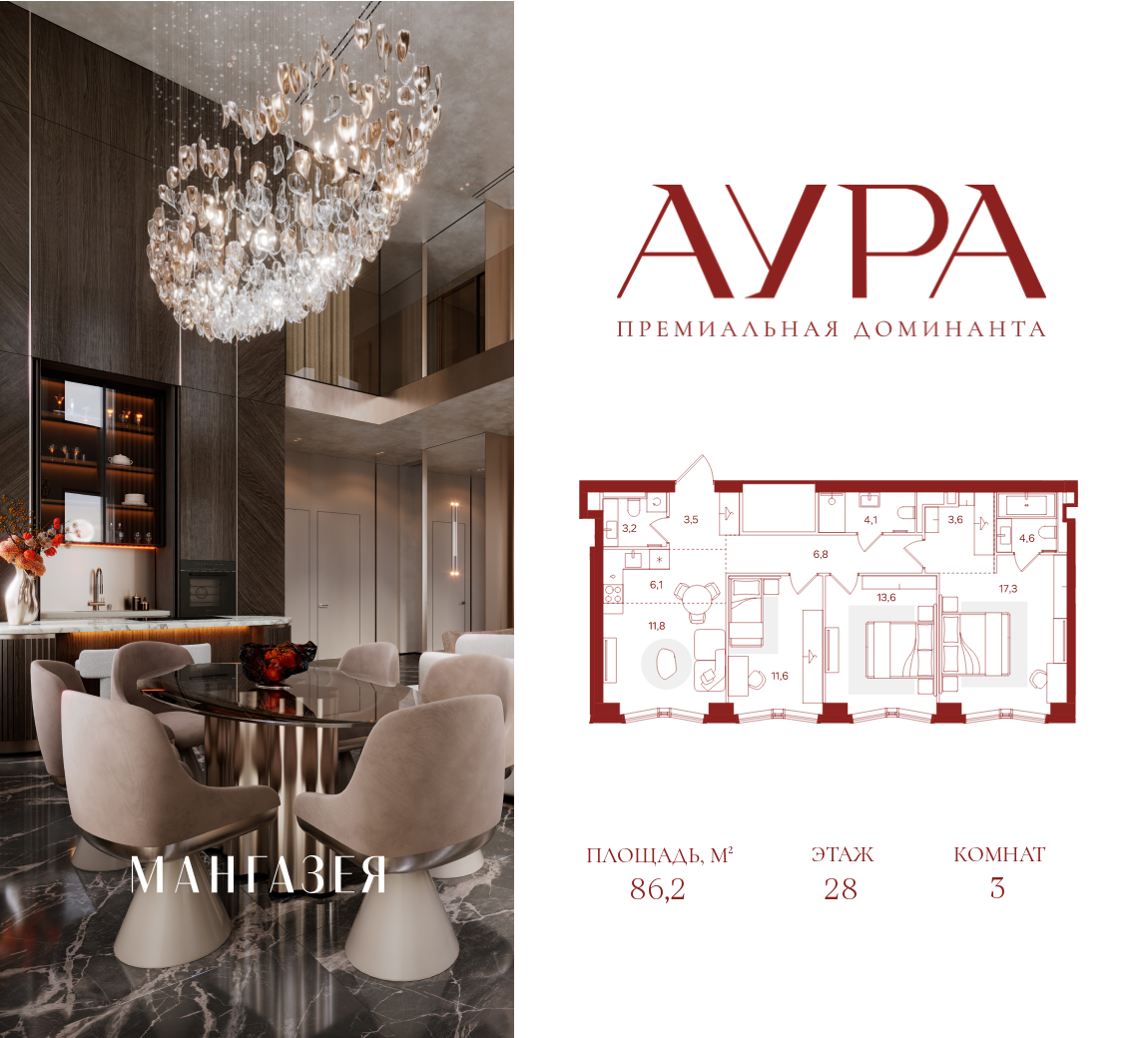 Планировка 3-комнатная квартира в ЖК "АУРА" (Мангазея на Тульской)