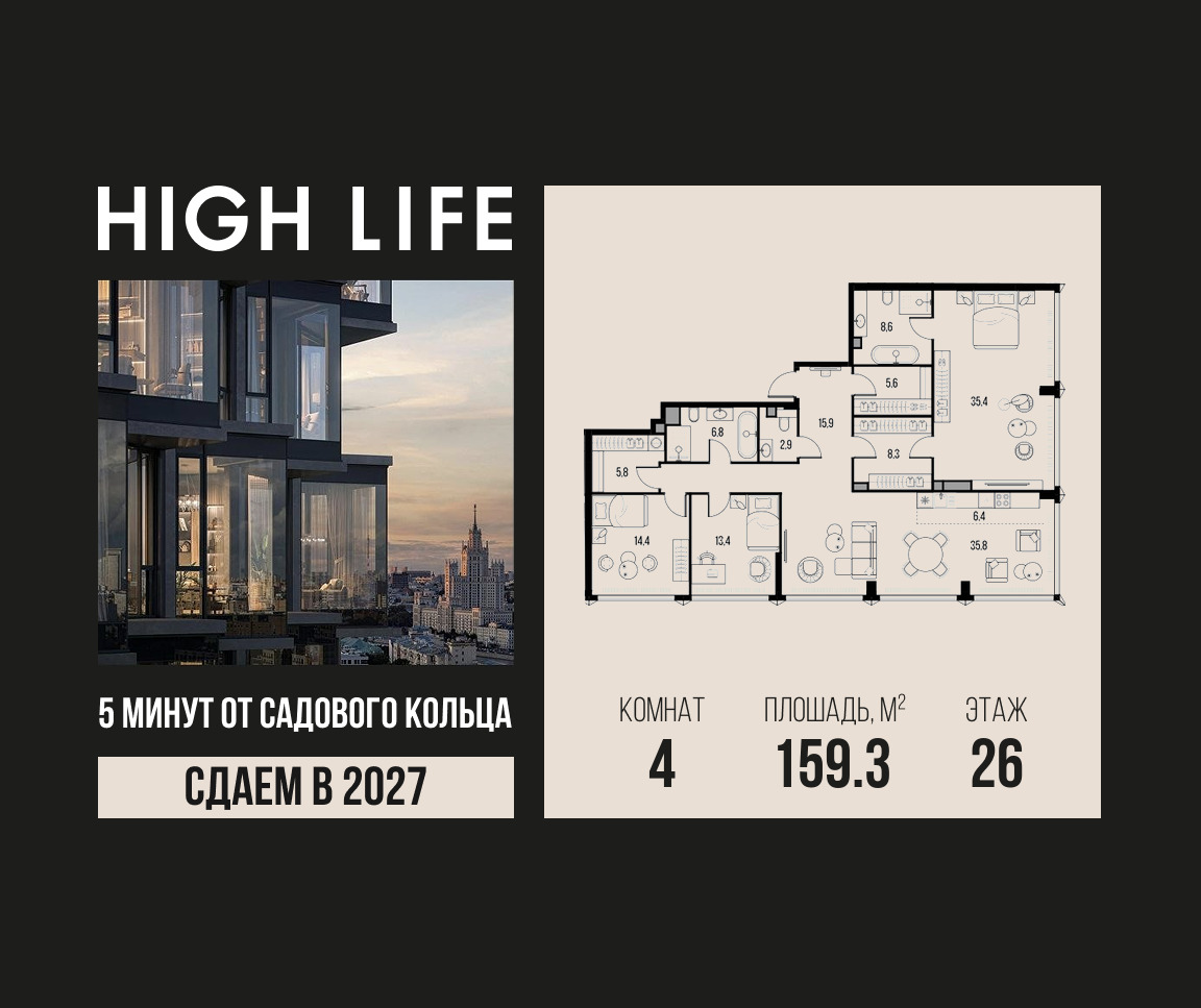Планировка 4-комнатная квартира в ЖК "Хай Лайф" (High Life)