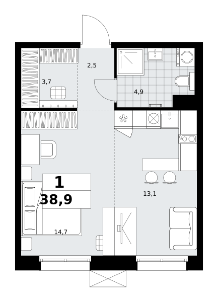 Планировка 1-комнатная квартира в ЖК "Дзен-кварталы"