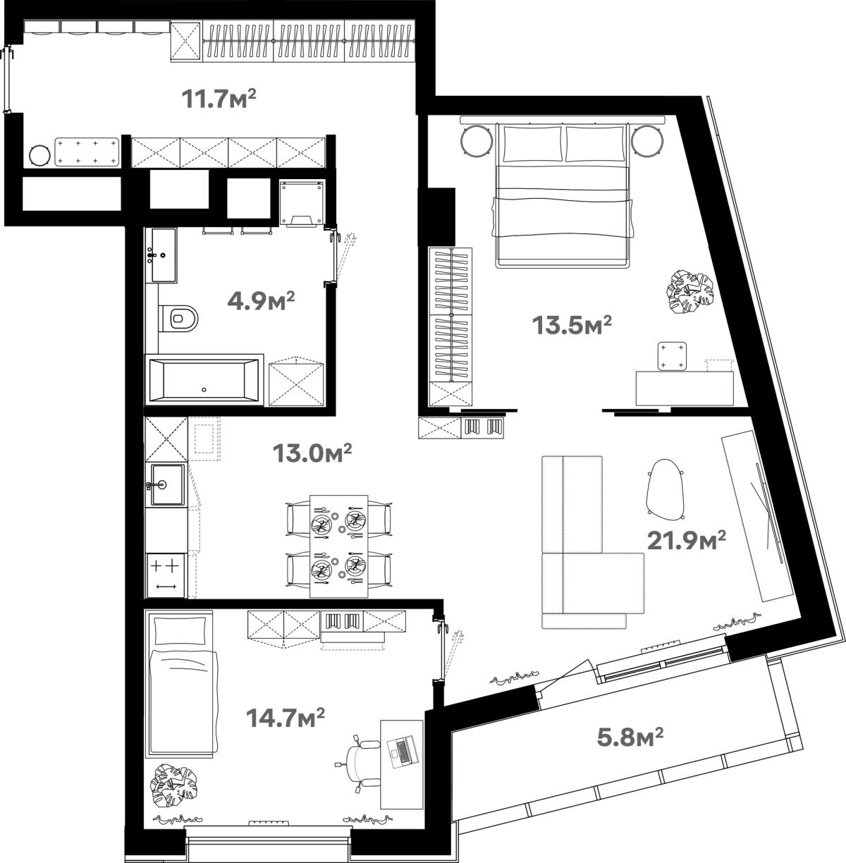 Планировка 3-комнатная квартира в ЖК River Нouse Щёлково