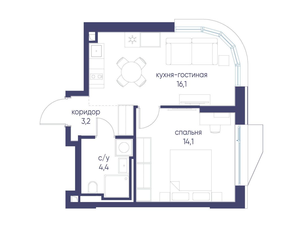 Планировка 1-комнатная квартира в ЖК "Символ"