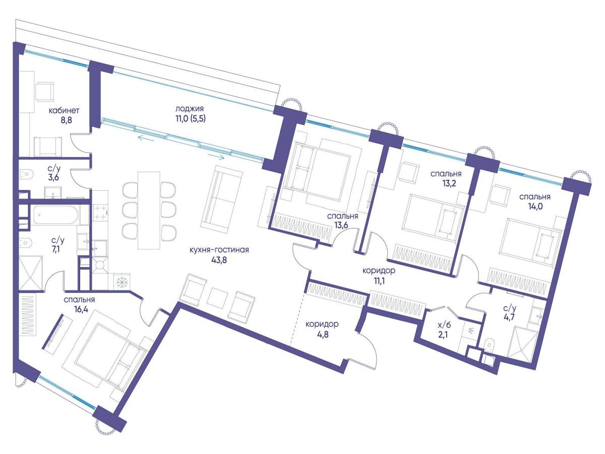 Планировка 5-комнатная квартира в ЖК "Остров"