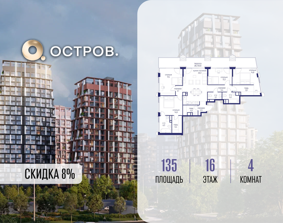 Планировка 4-комнатная квартира в ЖК "Остров"