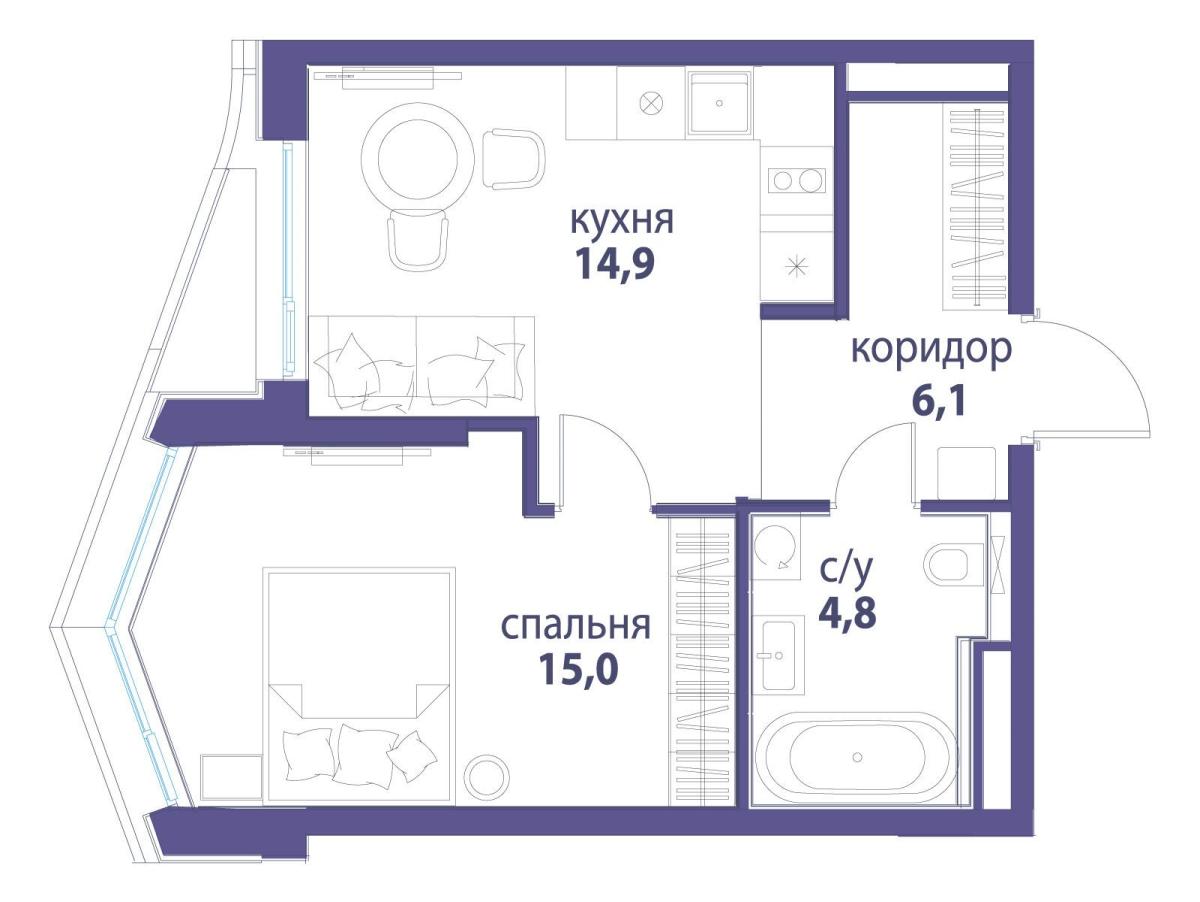 Планировка 1-комнатная квартира в ЖК "Символ"