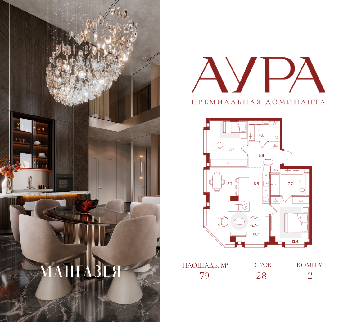 Планировка 2-комнатная квартира в ЖК "АУРА" (Мангазея на Тульской)